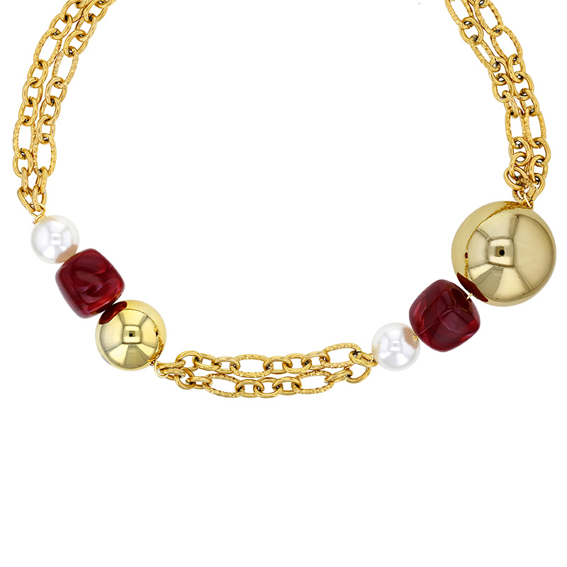 Collier 2 rangs, 2 boules acier doré, 2 boules résine nacrée et 2 cubes résine violette