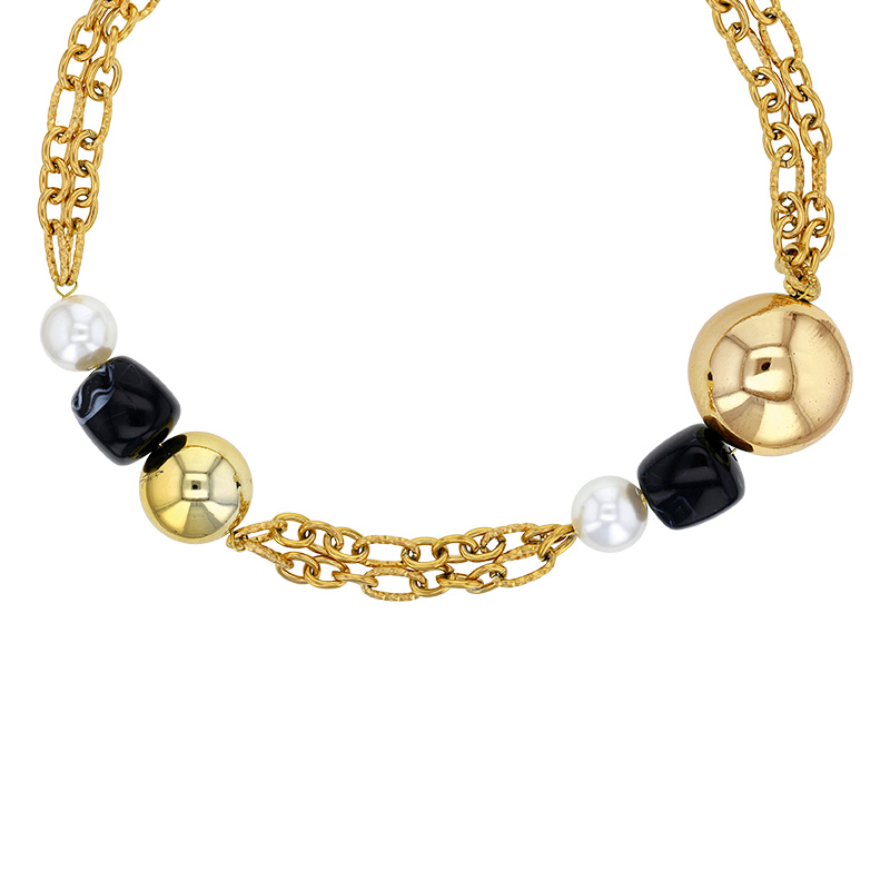 Collier 2 rangs, 2 boules acier doré, 2 boules résine nacrée et 2 cubes résine violette