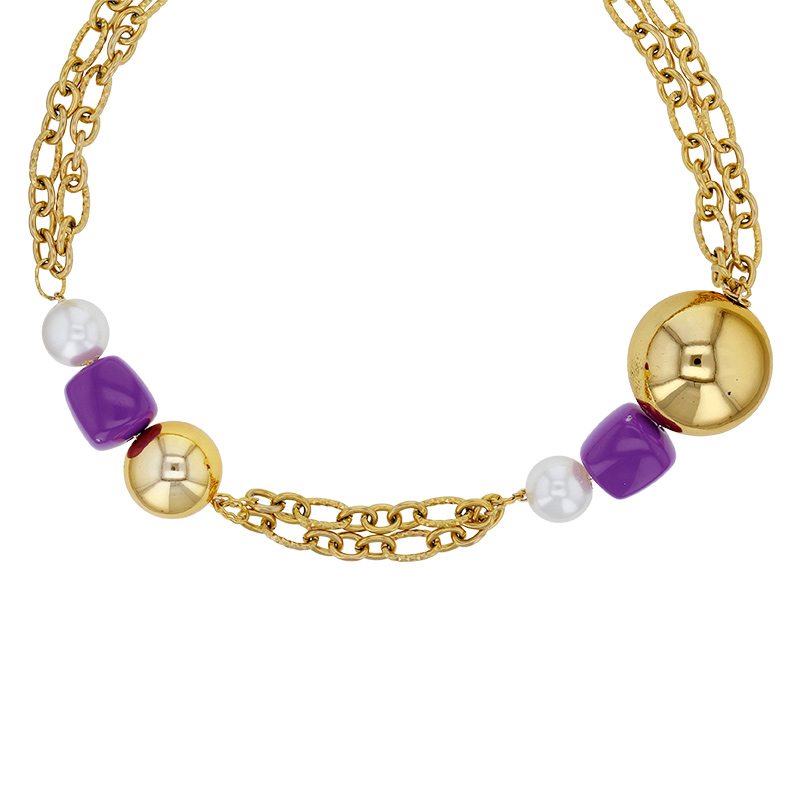 Collier 2 rangs, 2 boules acier doré, 2 boules résine nacrée et 2 cubes résine violette
