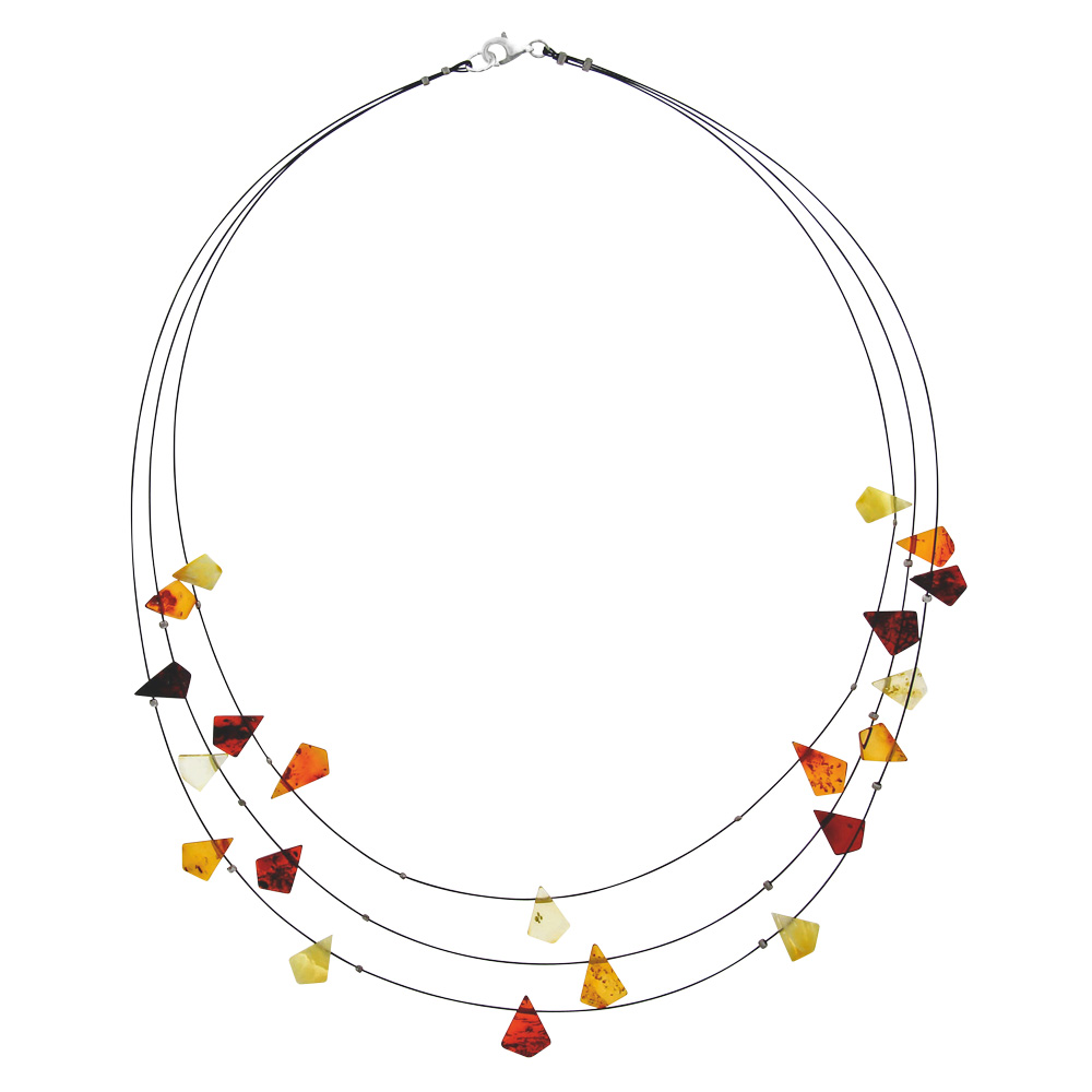 Collier 3 rangs câbles ornés de pierres d'ambre triangle, fermoir argent 925/1000