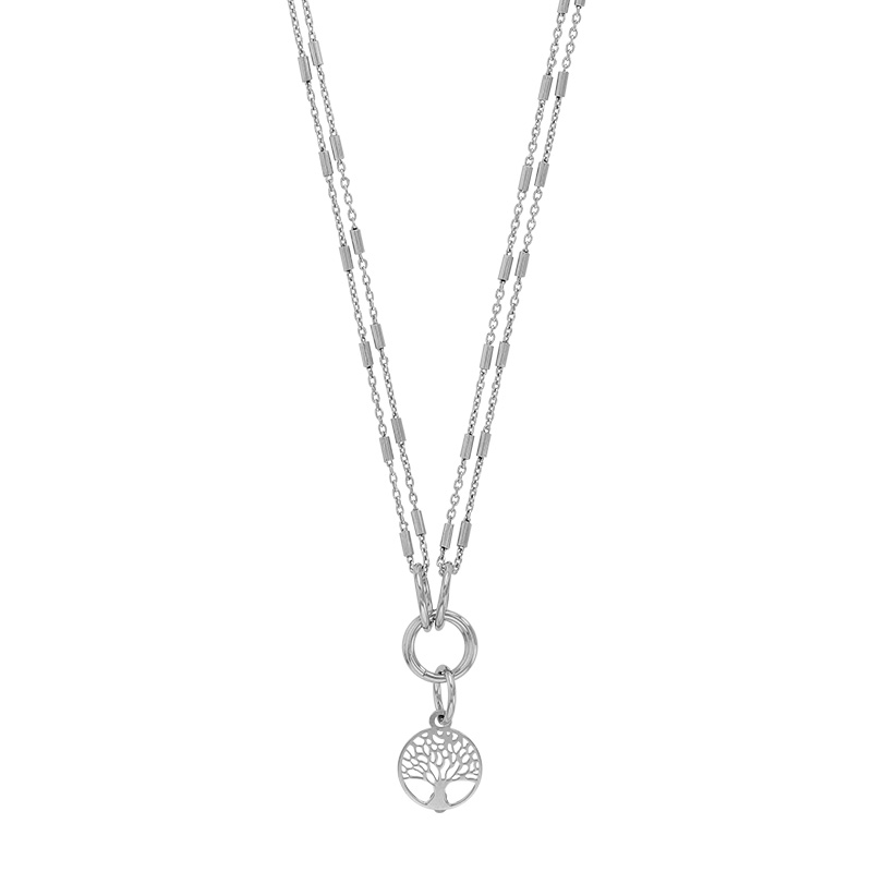 Collier 2 rangs cercle orné d'un arbre de vie, argent 925/1000 platiné