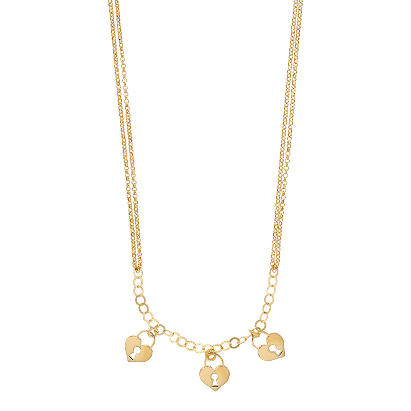 Collier 2 rangs 3 coeurs cadenas pampilles, argent 925/1000 doré