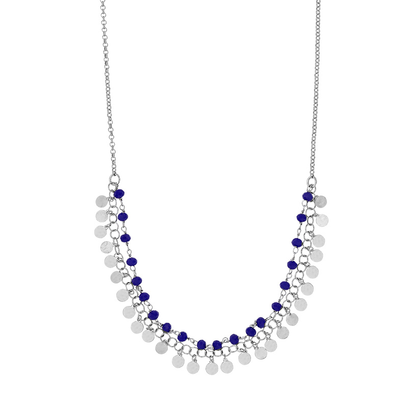 Collier 2 rangs cristaux bleu électrique et pampilles rondes, argent 925/1000 platiné