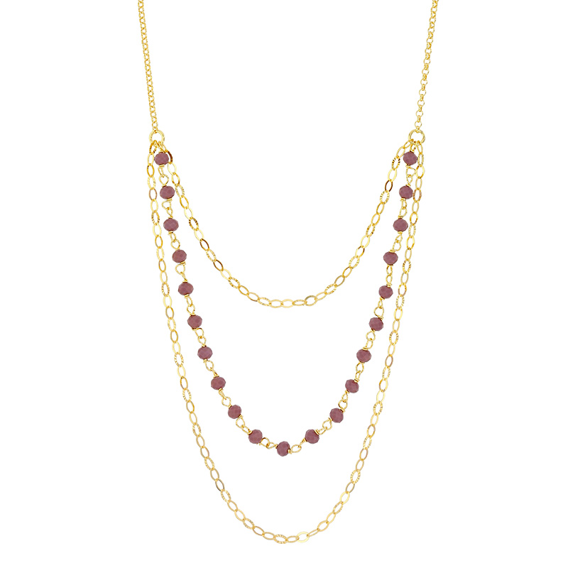 Collier 3 rangs cristaux couleur améthyste, mailles ovales ciselées, argent 925/1000 doré