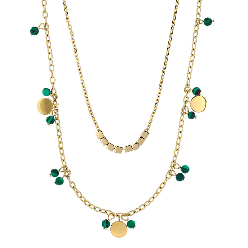 Collier 2 rangs cubes, pampilles rondes et pierres Lapis-lazuli traité facetté, acier