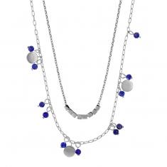 Collier 2 rangs cubes, pampilles rondes et pierres Lapis-lazuli traité facetté, acier