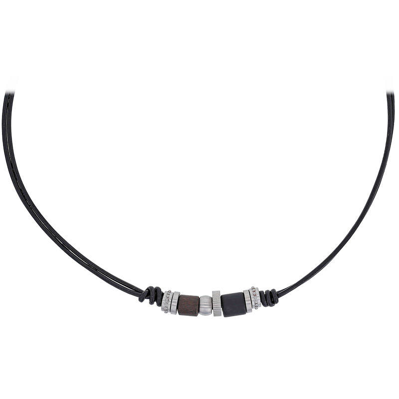 Collier 2 rangs cuir de bovin et acier noir orné d'une agate noire