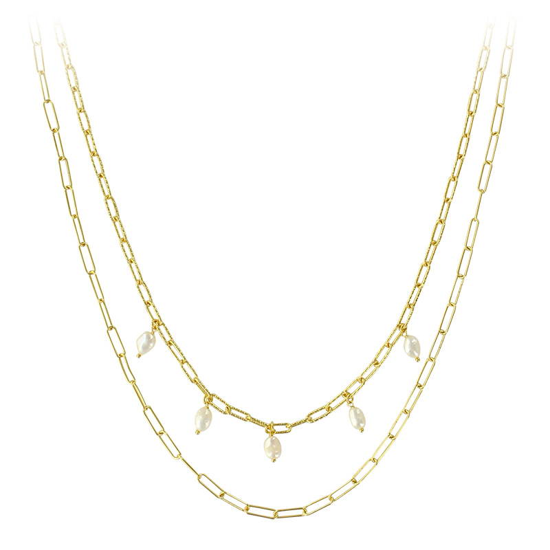 Collier 2 rangs dont 1 lisse et 1 diamanté argent 925/1000 avec perles baroques synthétiques