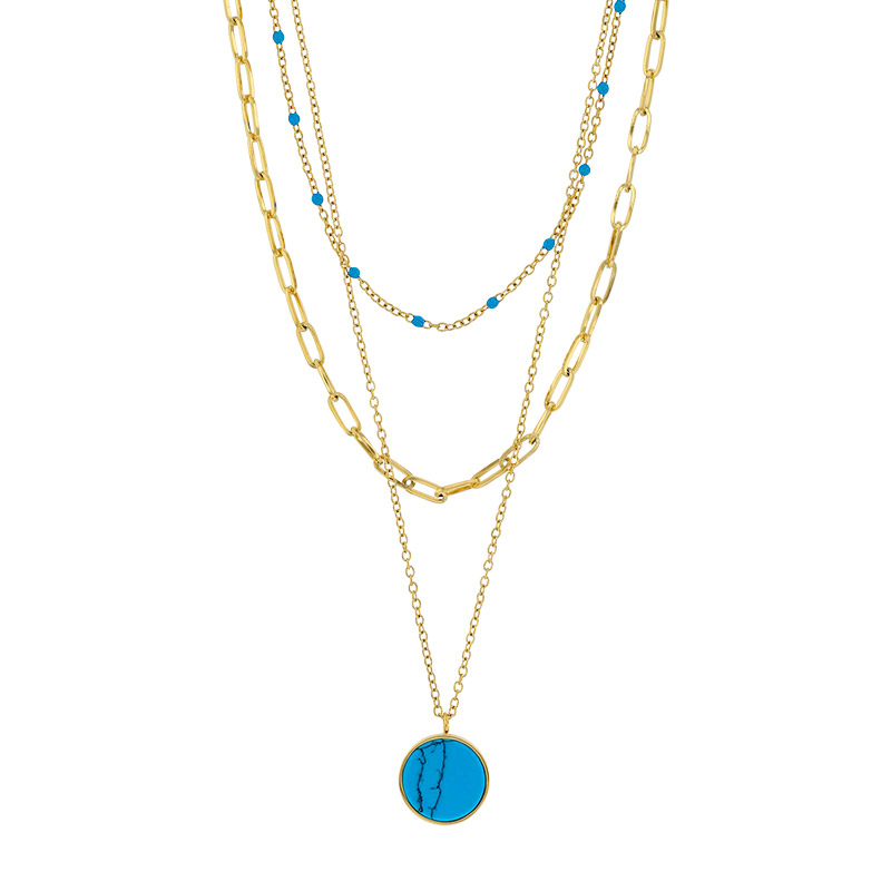 Collier 3 rangs Lapis-lazuli traité taille ronde, maille rectangle et boules résine bleue, acier