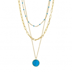 Collier 3 rangs Lapis-lazuli traité taille ronde, maille rectangle et boules résine bleue, acier