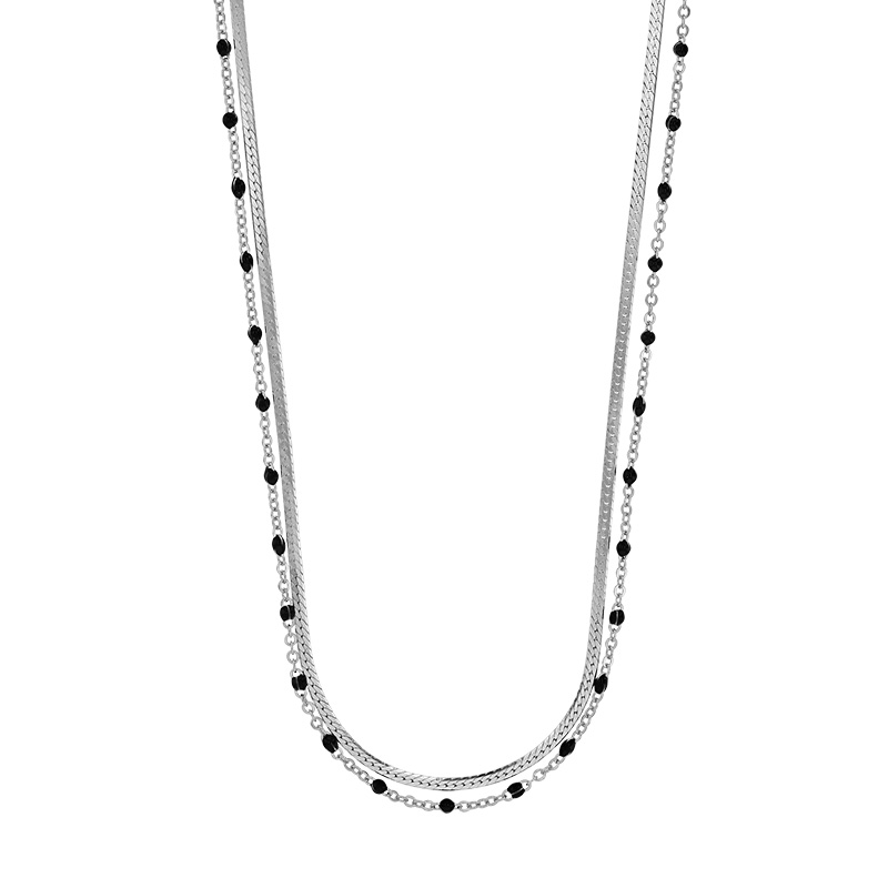 Collier 2 rangs, maille serpent et jaseron, boules émail noir, argent 925/1000 platiné