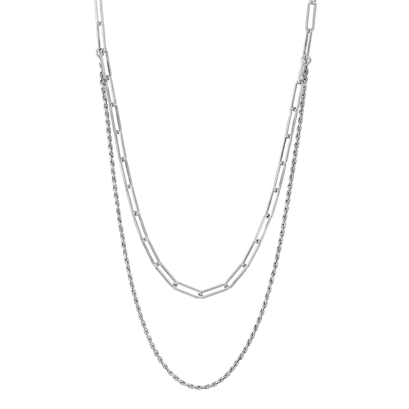 Collier 2 rangs mailles allongées et mailles cordes, argent 925/1000 rhodié