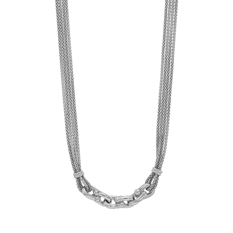 Collier 4 rangs mailles perlées et lyres, argent 925/1000 platiné