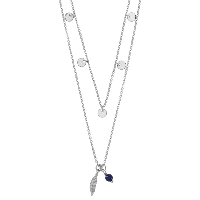 Collier 2 rangs orné d'un lapis-lazuli, plume et ronds en pampilles, argent 925/1000 rhodié