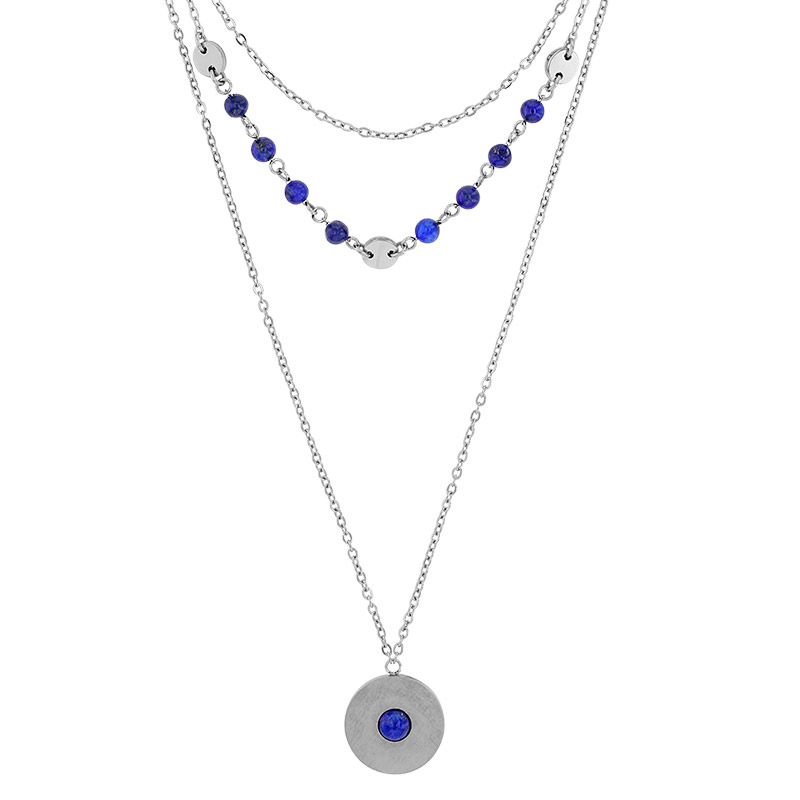 Collier 3 rangs rond lisse et boules en Lapis-lazuli traité, acier