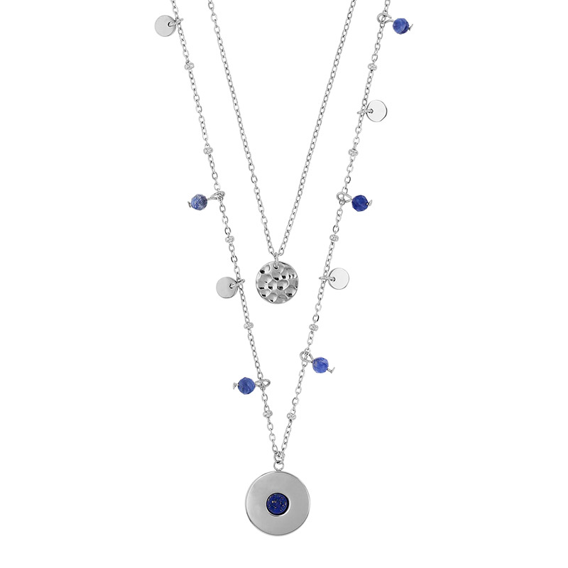 Collier 2 rangs ronds lisse et aspect martelé, pierres Sodalite et pastilles, acier