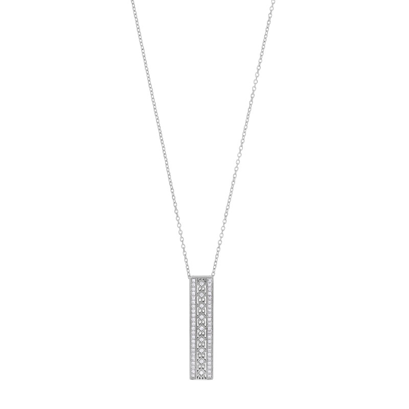 Collier rectangle ajouré, 3 rangs sertis d'oxydes en argent 925/1000 rhodié