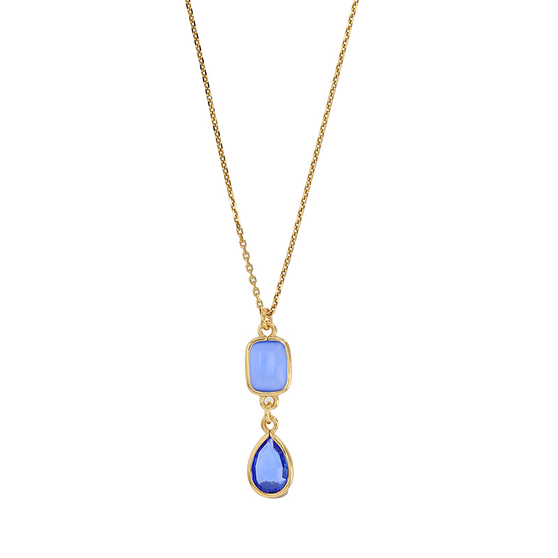 Collier rectangle en oeil de chat bleu et goutte en cristal bleu maille forçat, argent 925/1000 doré