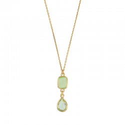 Collier rectangle en oeil de chat et goutte en cristal vert pâle maille forçat, argent 925/1000 doré