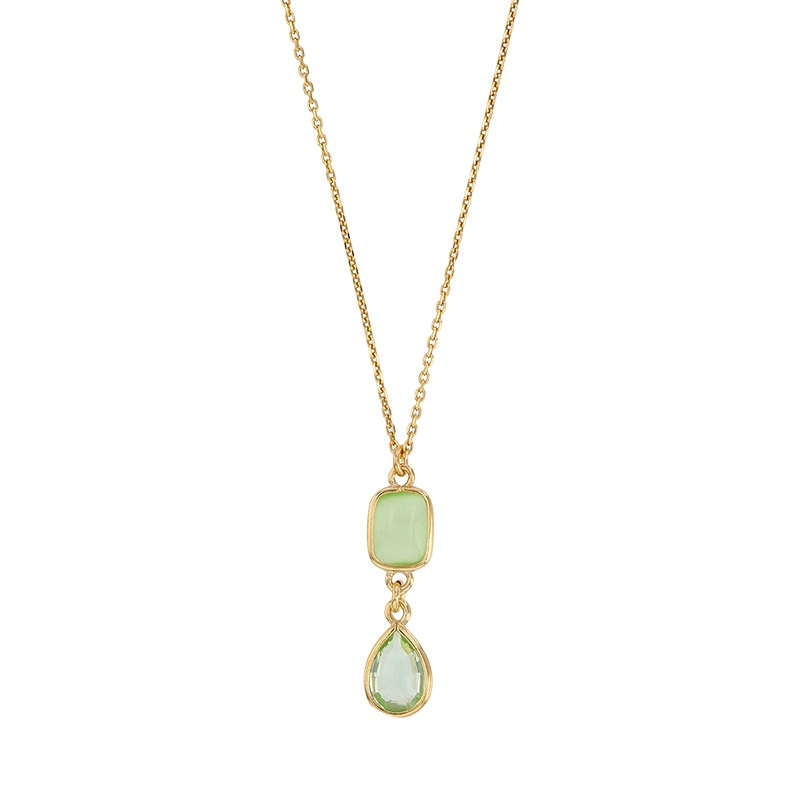 Collier rectangle en oeil de chat et goutte en cristal vert pâle maille forçat, argent 925/1000 doré