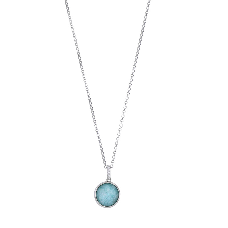 Collier réglable amazonite, fleur ajourée, bélière avec oxydes, argent 925/1000 rhodié