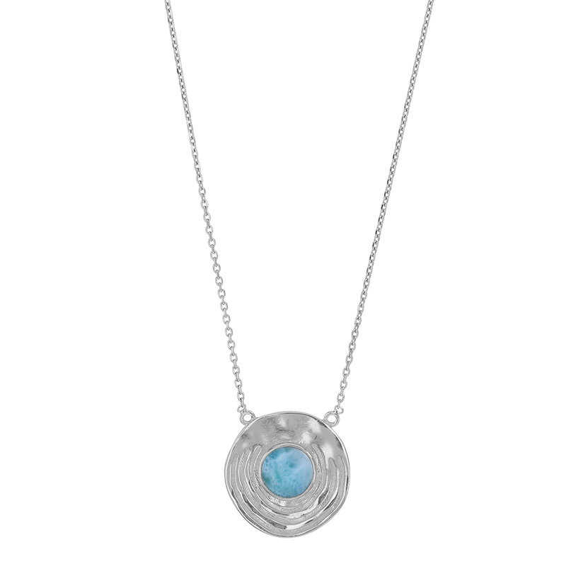 Collier rond aspect martelé, pierre Larimar, argent 925/1000 platiné