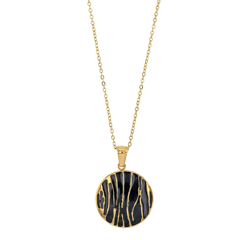 Collier rond émail noir strié en acier doré