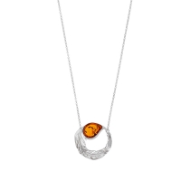 Collier rond en feuille en argent 925/1000 rhodié orné d'un pierre en ambre cognac