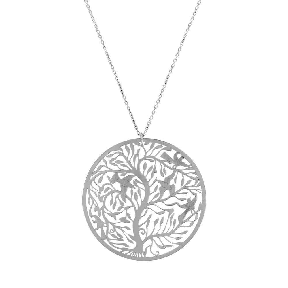 Collier rond motif arbre ajouré en argent rhodié 925/1000