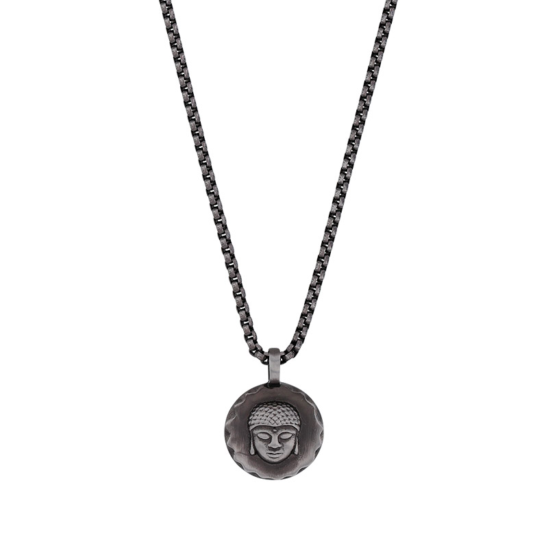 Collier rond motif bouddha, acier vieilli