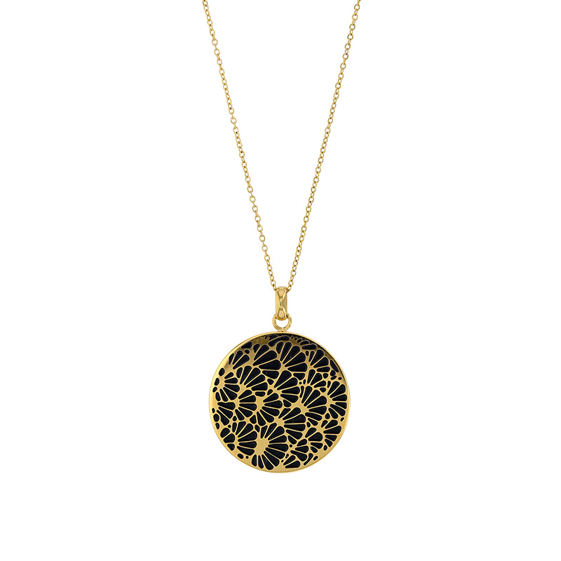 Collier rond motif japonais résine noire et acier doré