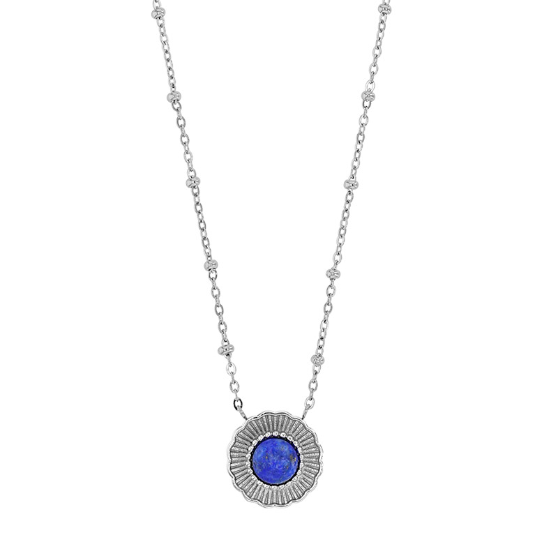 Collier rond motif soleil orné d'un Lapis-lazuli traité, acier
