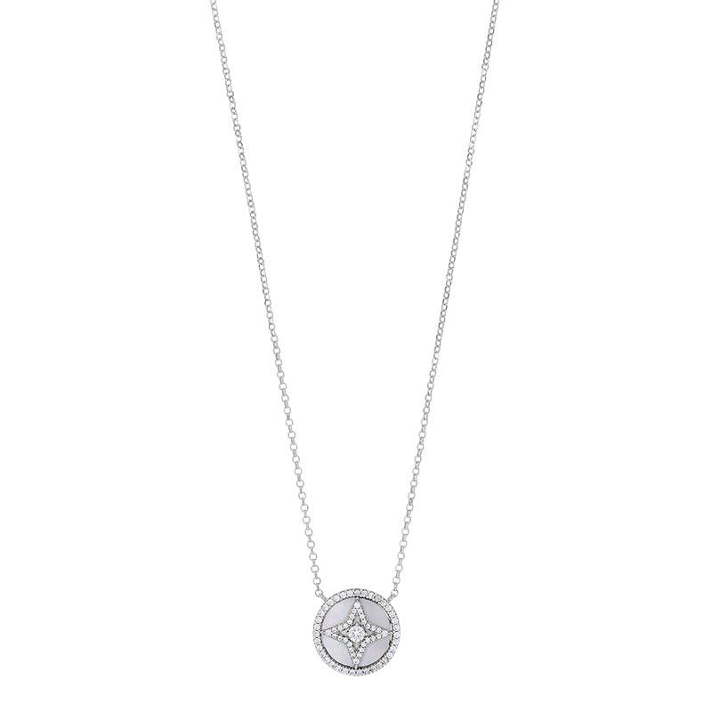 Collier rond nacre empierré, étoile 4 branches avec oxydes, argent 925/1000 rhodié