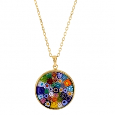 Collier rond orné de verre de Murano fleurs multicolores, argent 925/1000 doré