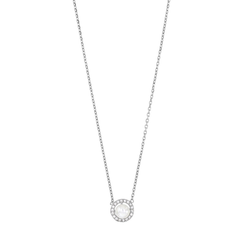 Collier rond pavé d'oxydes et perle de culture d'eau douce, argent 925/1000 platiné