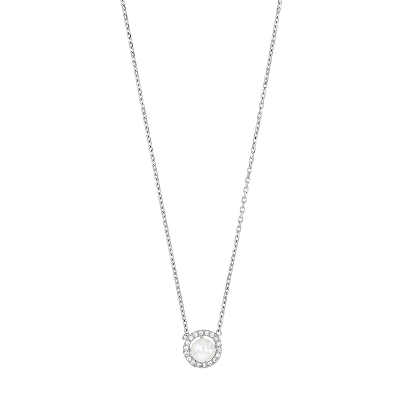 Collier rond pavé d'oxydes et perle de culture d'eau douce, argent 925/1000 platiné