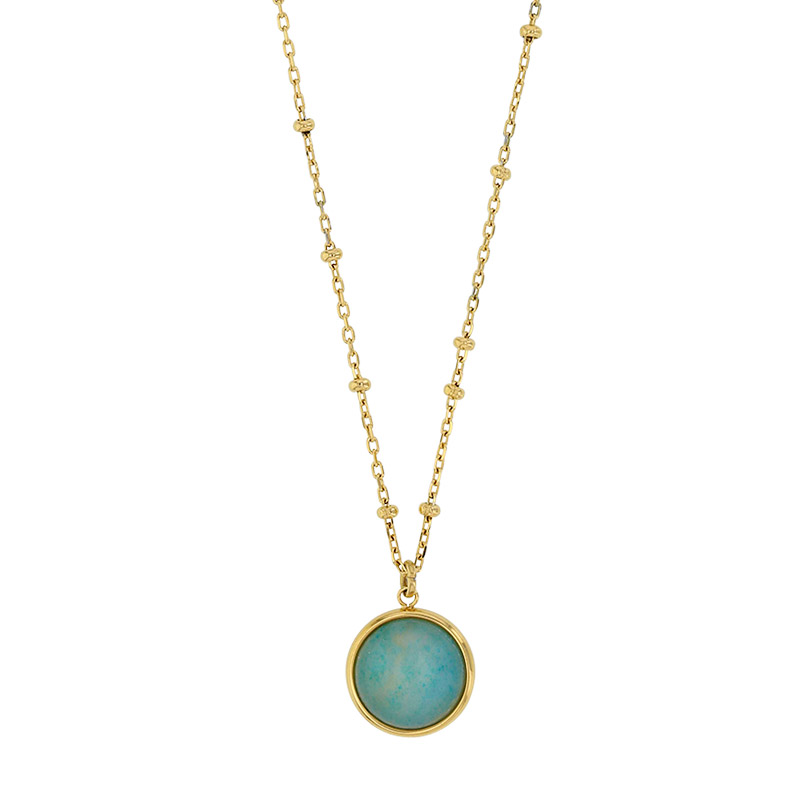 Collier rond verre couleur amazonite, chaîne petites boules acier doré