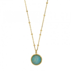 Collier rond verre couleur amazonite, chaîne petites boules acier doré