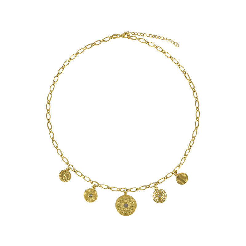 Collier 5 ronds en pampilles et oxydes, argent 925/1000 doré