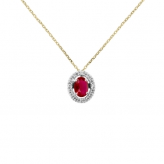 Collier Rubis taille ovale 6x4mm, entourage 17 diamants HSI 0,12ct, Or bicolore 750/1000