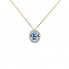 Collier Saphir de Ceylan taille ovale 6x4mm, entourage 17 diamants HSI 0,12ct, Or bicolore 750/1000
