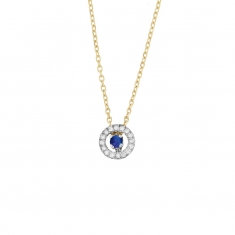 Collier Saphir de Ceylan taille ronde 2,5mm, entourage 16 diamants HSI 0,10ct, Or bicolore 750/1000