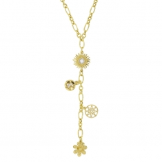 Collier soleil, fleur, étoile en pampilles avec oxydes en argent 925/1000 doré