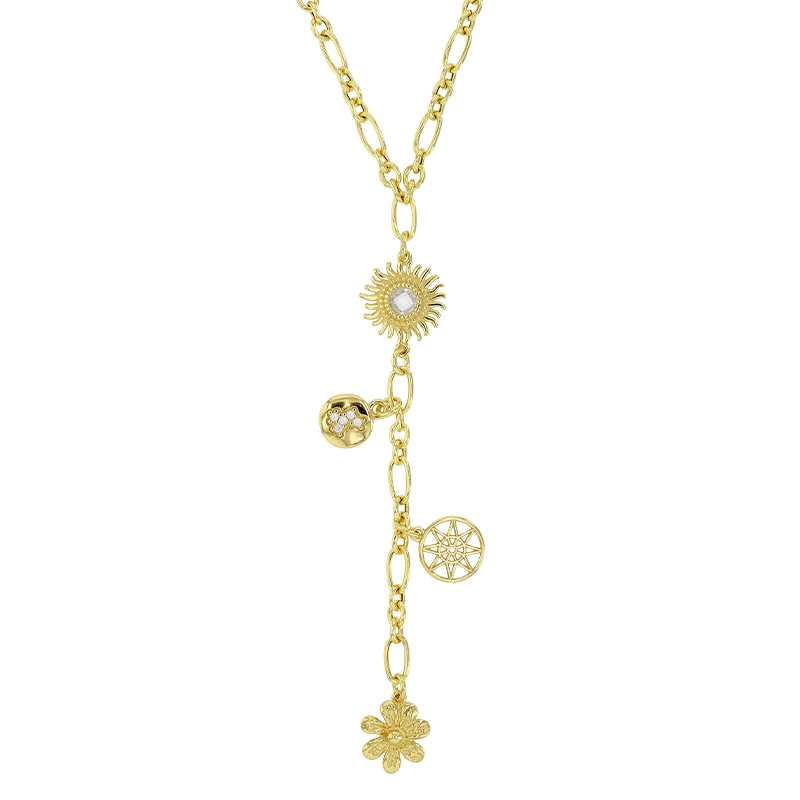 Collier soleil, fleur, étoile en pampilles avec oxydes en argent 925/1000 doré