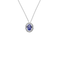 Collier Tanzanite taille ovale 6x4mm, entourage 17 diamants HSI 0,12ct, Or blanc 750/1000