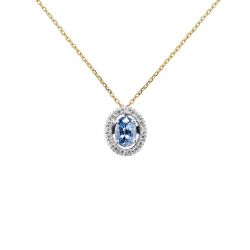 Collier Tanzanite taille ovale 6x4mm, entourage 17 diamants HSI 0,12ct, Or blanc 750/1000