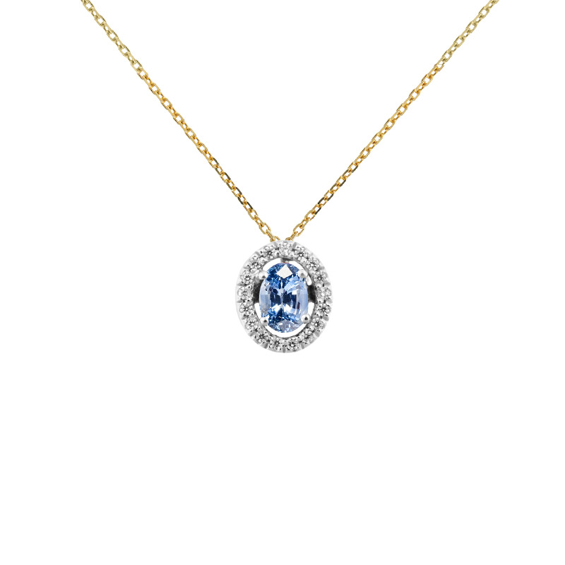 Collier Tanzanite taille ovale 6x4mm, entourage 17 diamants HSI 0,12ct, Or blanc 750/1000