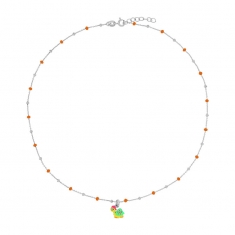 Collier tortue, boules émaillées orange, argent 925/1000 rhodié