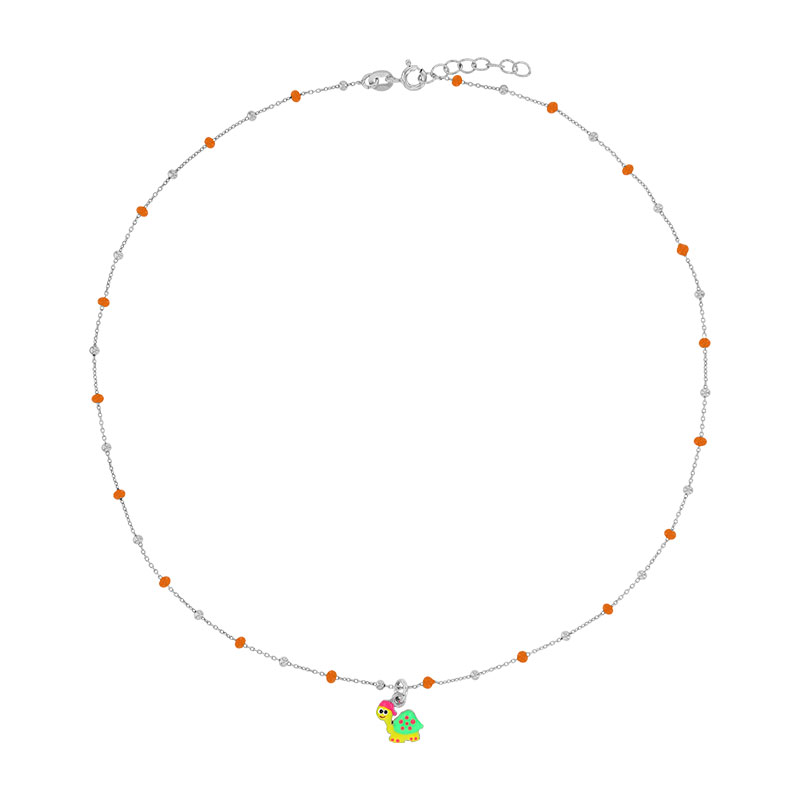 Collier tortue, boules émaillées orange, argent 925/1000 rhodié