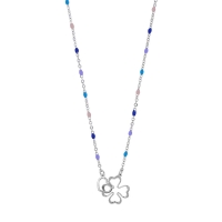 Collier trèfle et coeur entrelacés, chaîne boules émail de couleurs, argent 925/1000 platiné